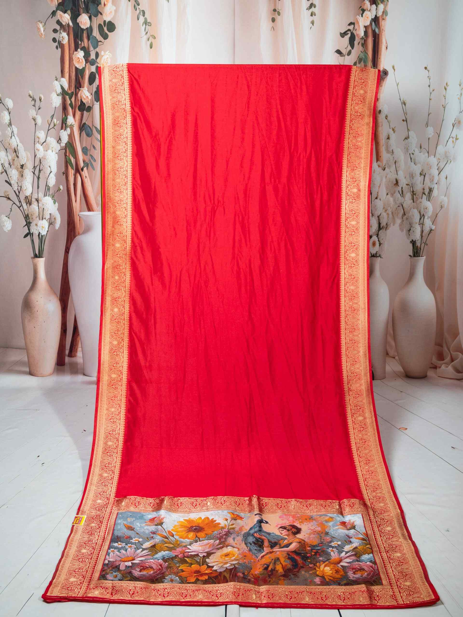 Red Pure Dola Silk Saree with Digital Print Pallu & Banarasi Border - Image 6