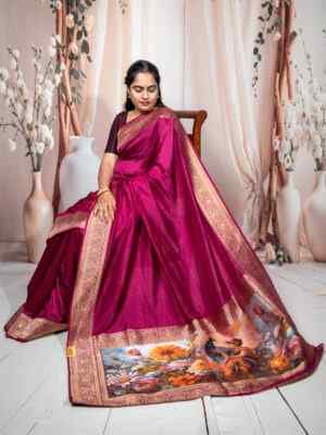 Wine Pure Dola Silk Saree with Digital Print Pallu & Banarasi Border