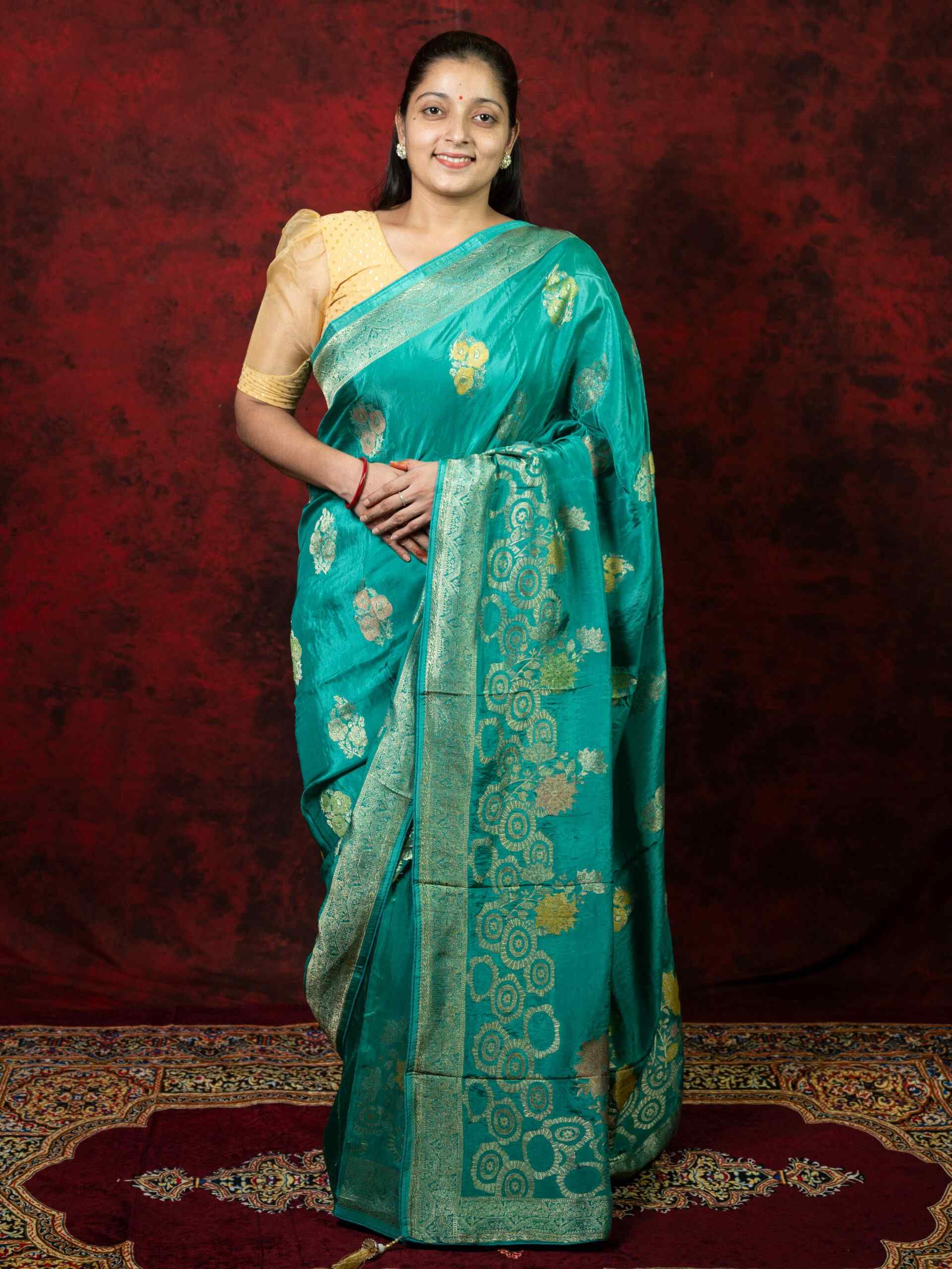 Sky Blue Floral Chinnon Saree with Kutdana Work & Matching Blouse