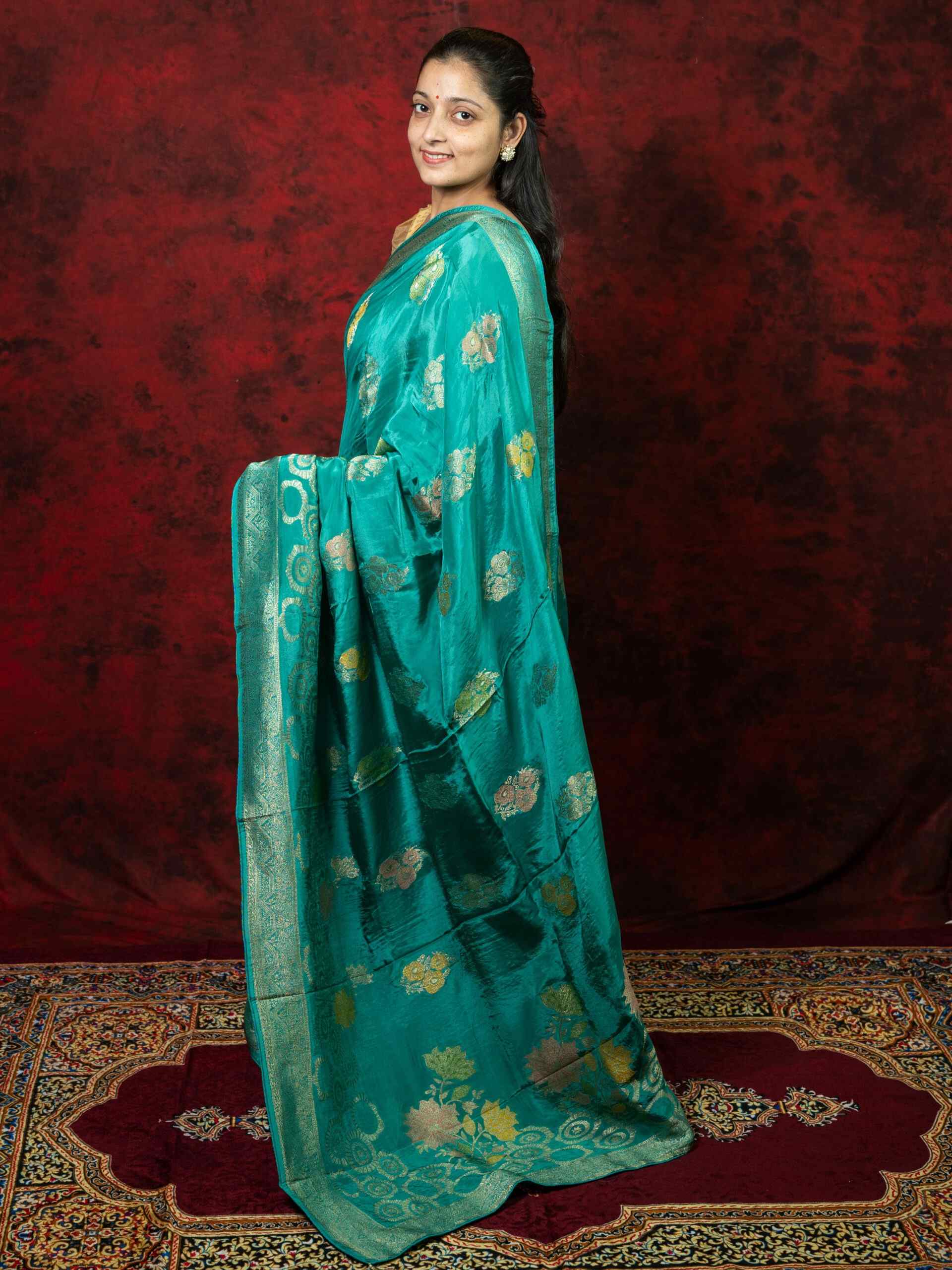Sky Blue Floral Chinnon Saree with Kutdana Work & Matching Blouse - Image 3