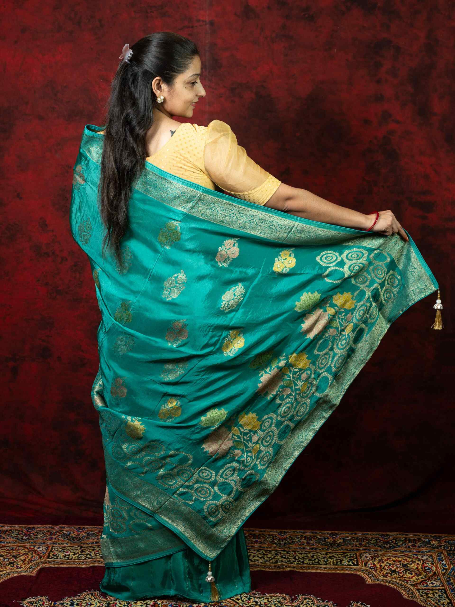 Sky Blue Floral Chinnon Saree with Kutdana Work & Matching Blouse - Image 4