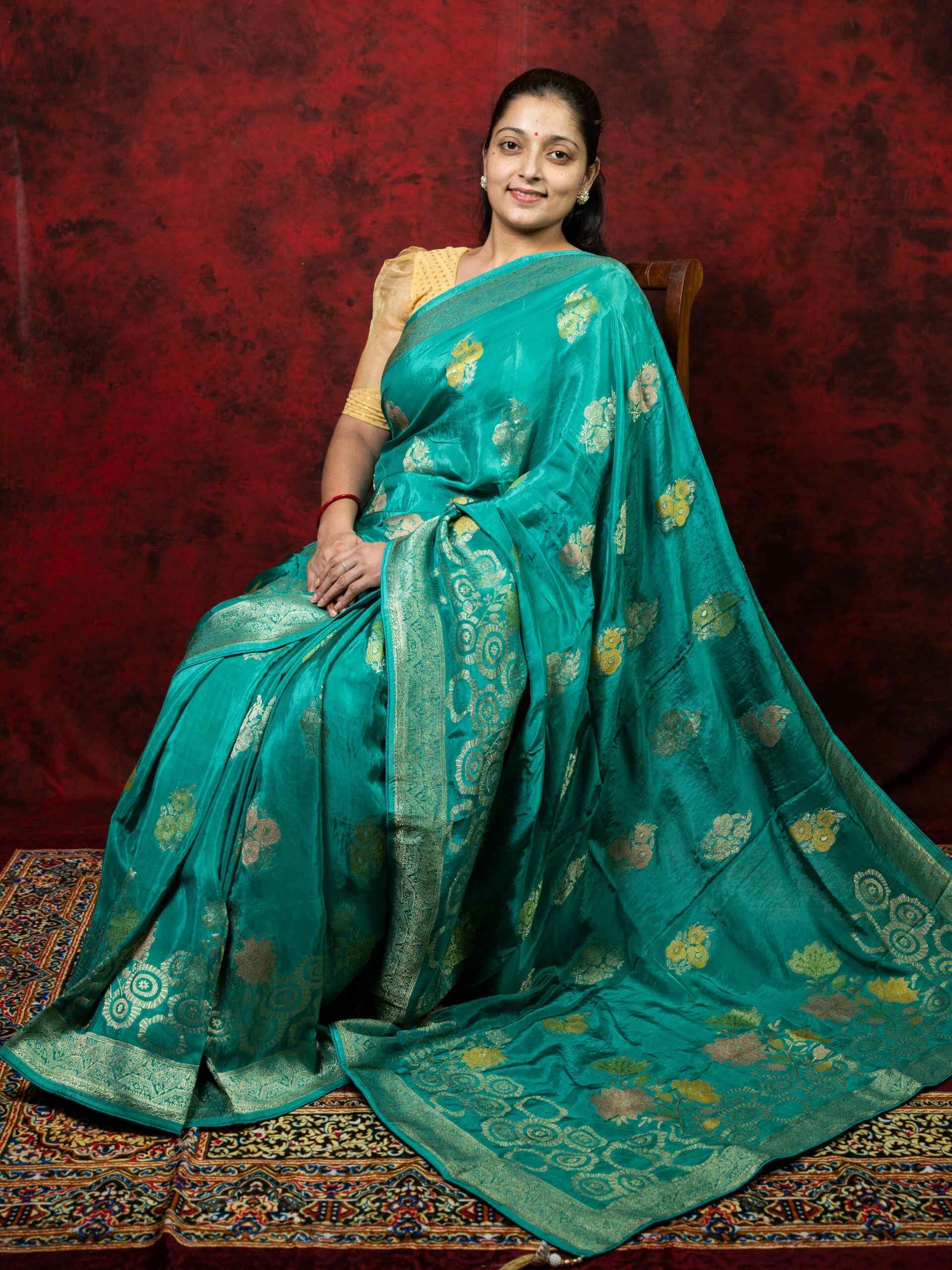 Sky Blue Floral Chinnon Saree with Kutdana Work & Matching Blouse - Image 5