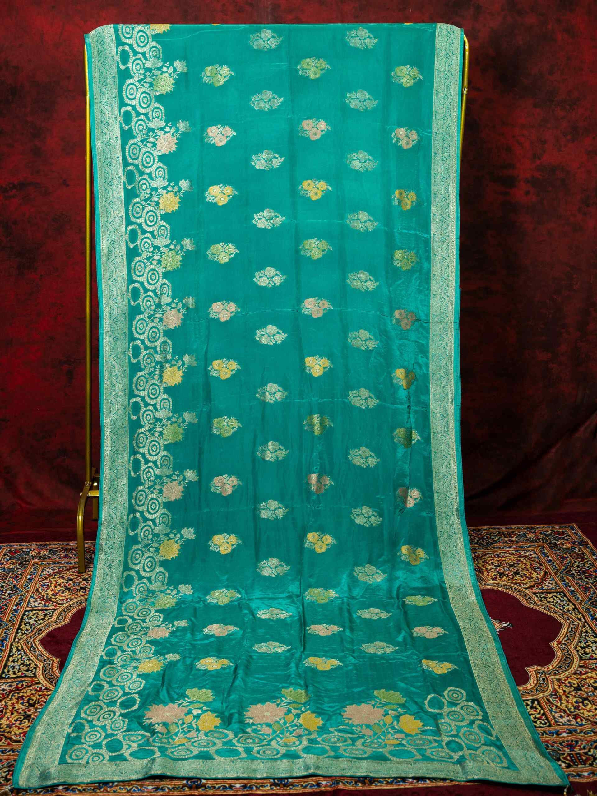 Sky Blue Floral Chinnon Saree with Kutdana Work & Matching Blouse - Image 6