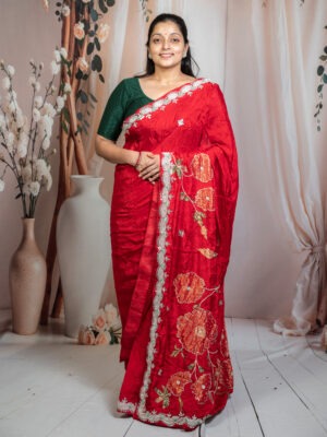 Red Upada Silk Saree with Hand Zardozi Work
