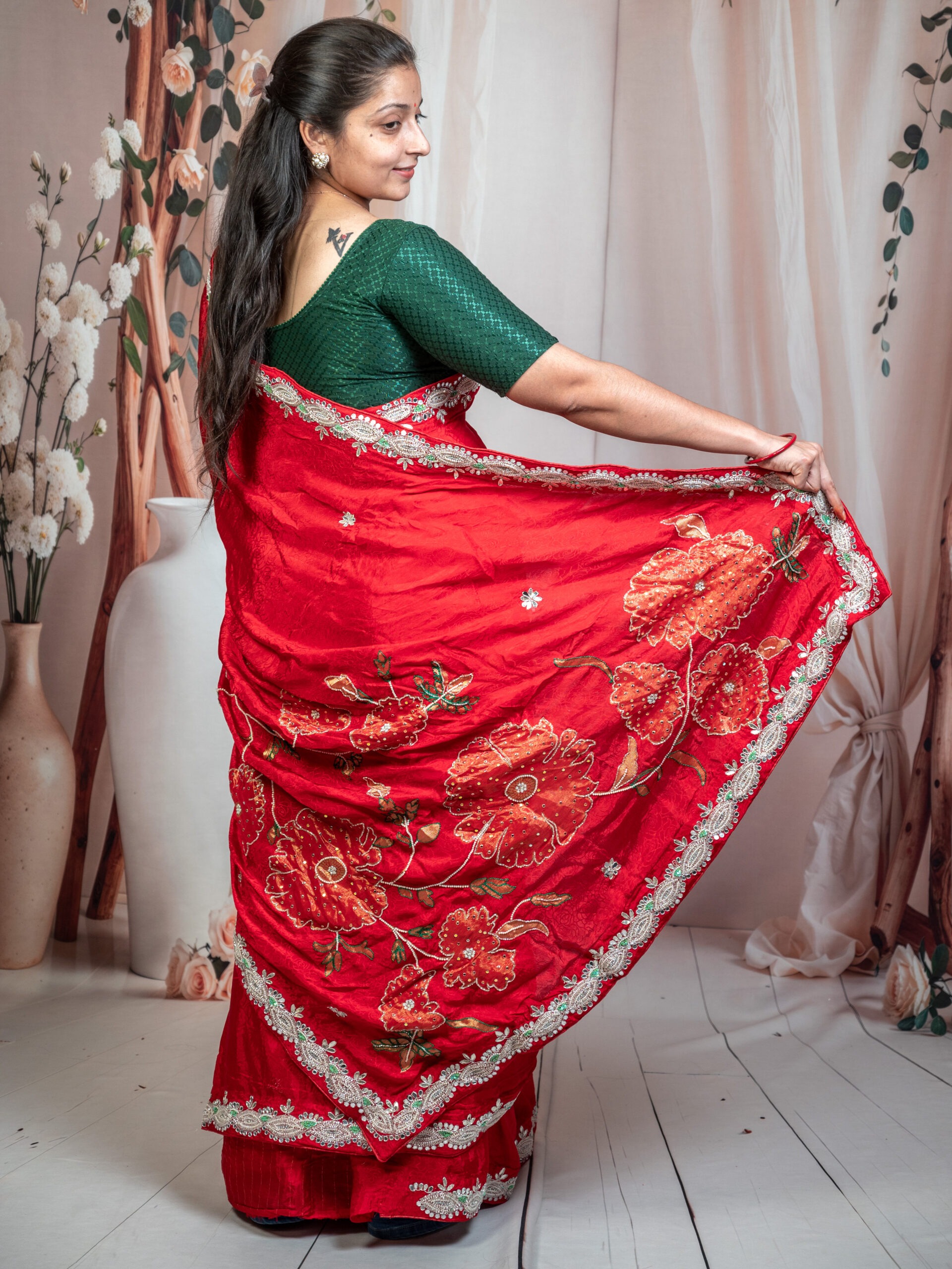 Red Upada Silk Saree with Hand Zardozi Work - Image 3