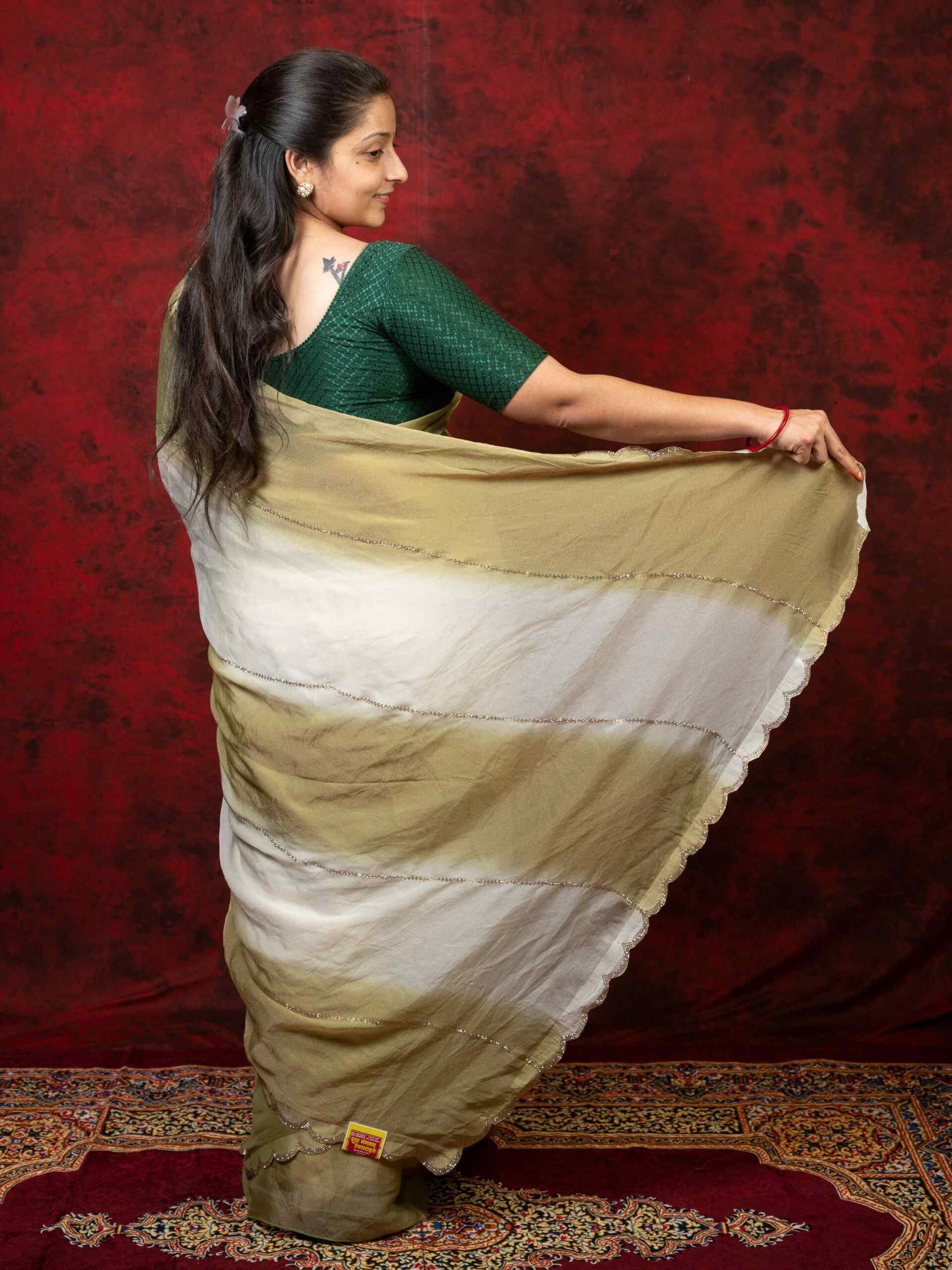 Dual Shade Chinnon Saree with Shiroshki Work - Image 3