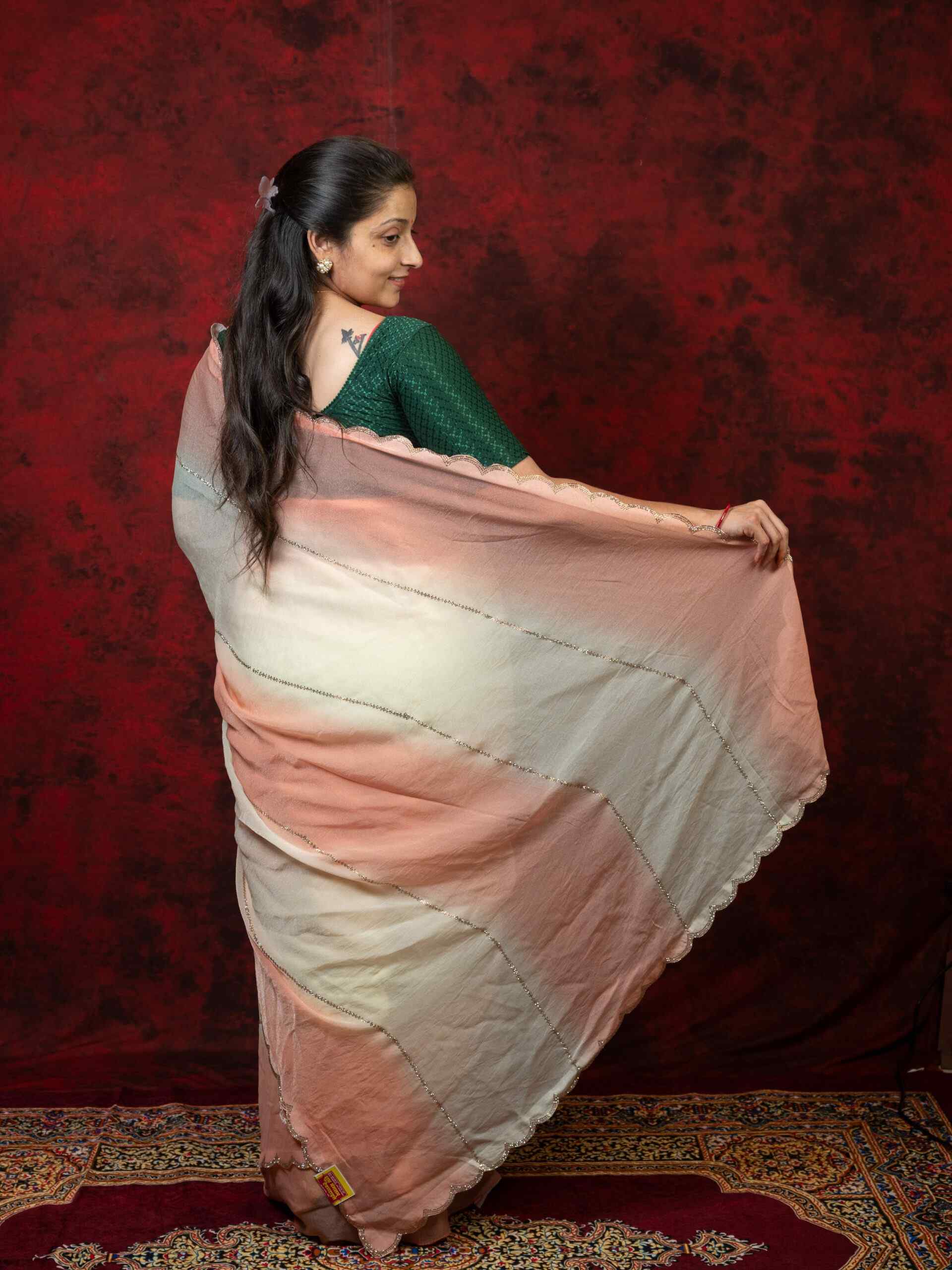 Dual Shade Chinnon Saree with Shiroshki Work - Image 5