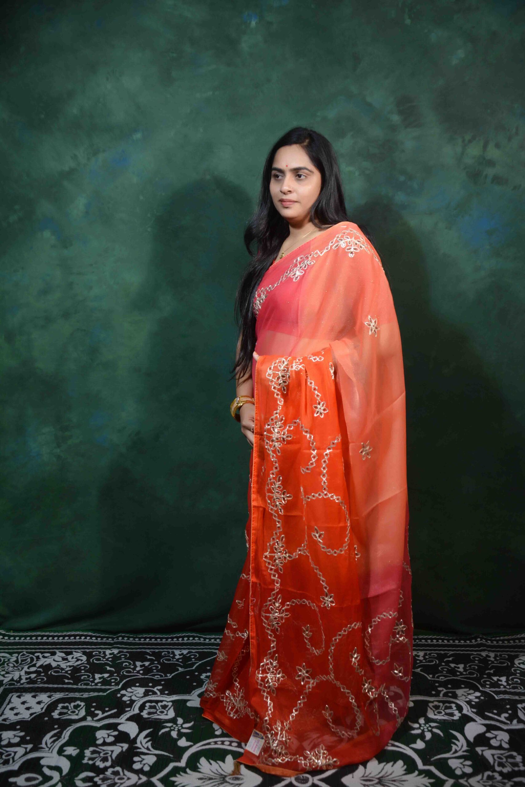 Orange Chinnon Saree