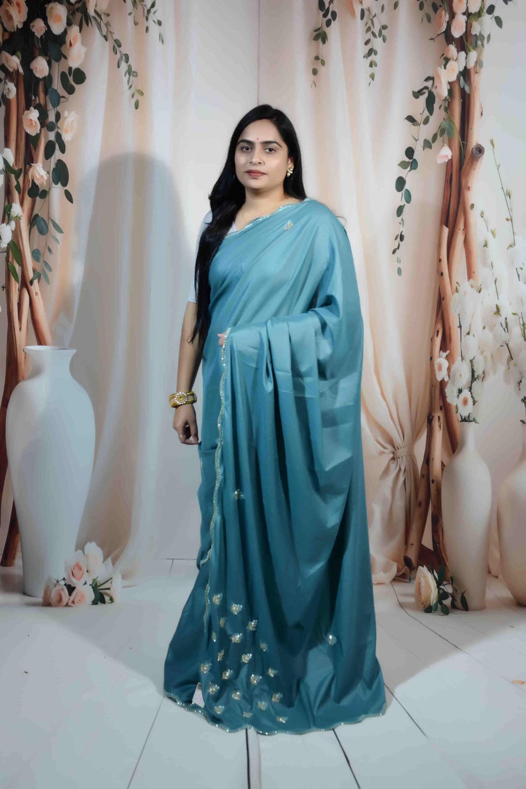Teal Blue Chinnon Saree with Cut Dana Work