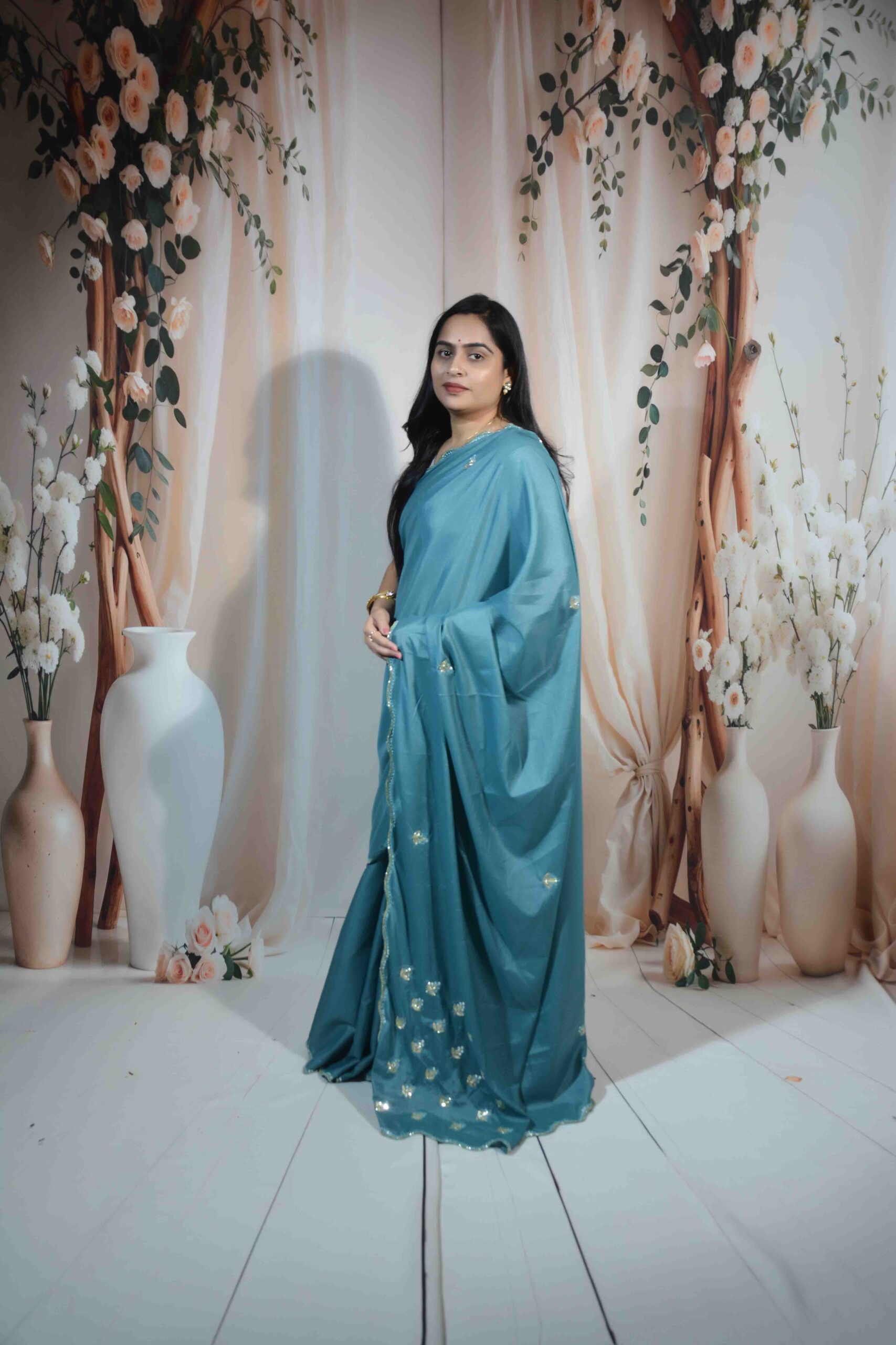 Teal Blue Chinnon Saree
