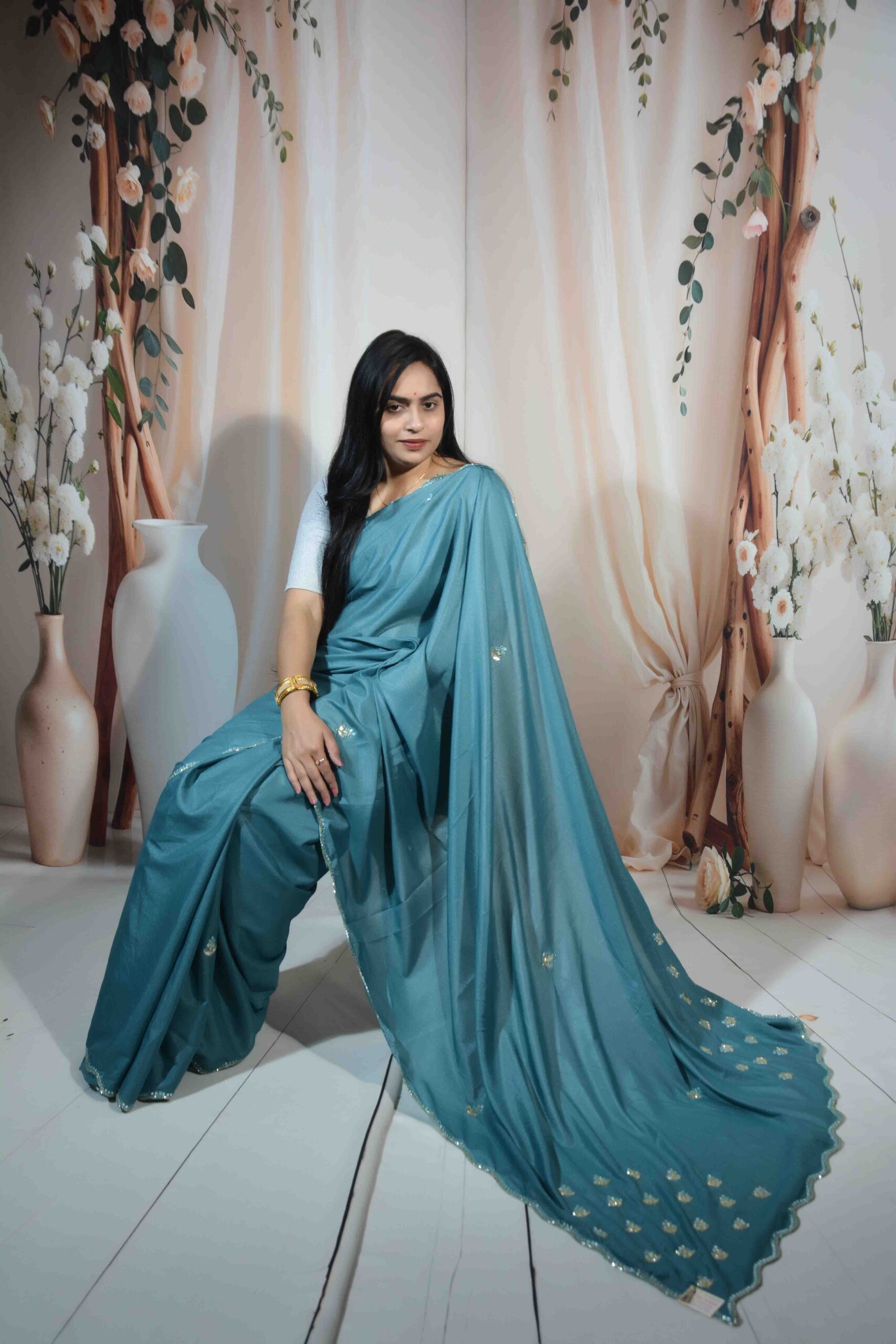 Party Wear Teal Blue Saree