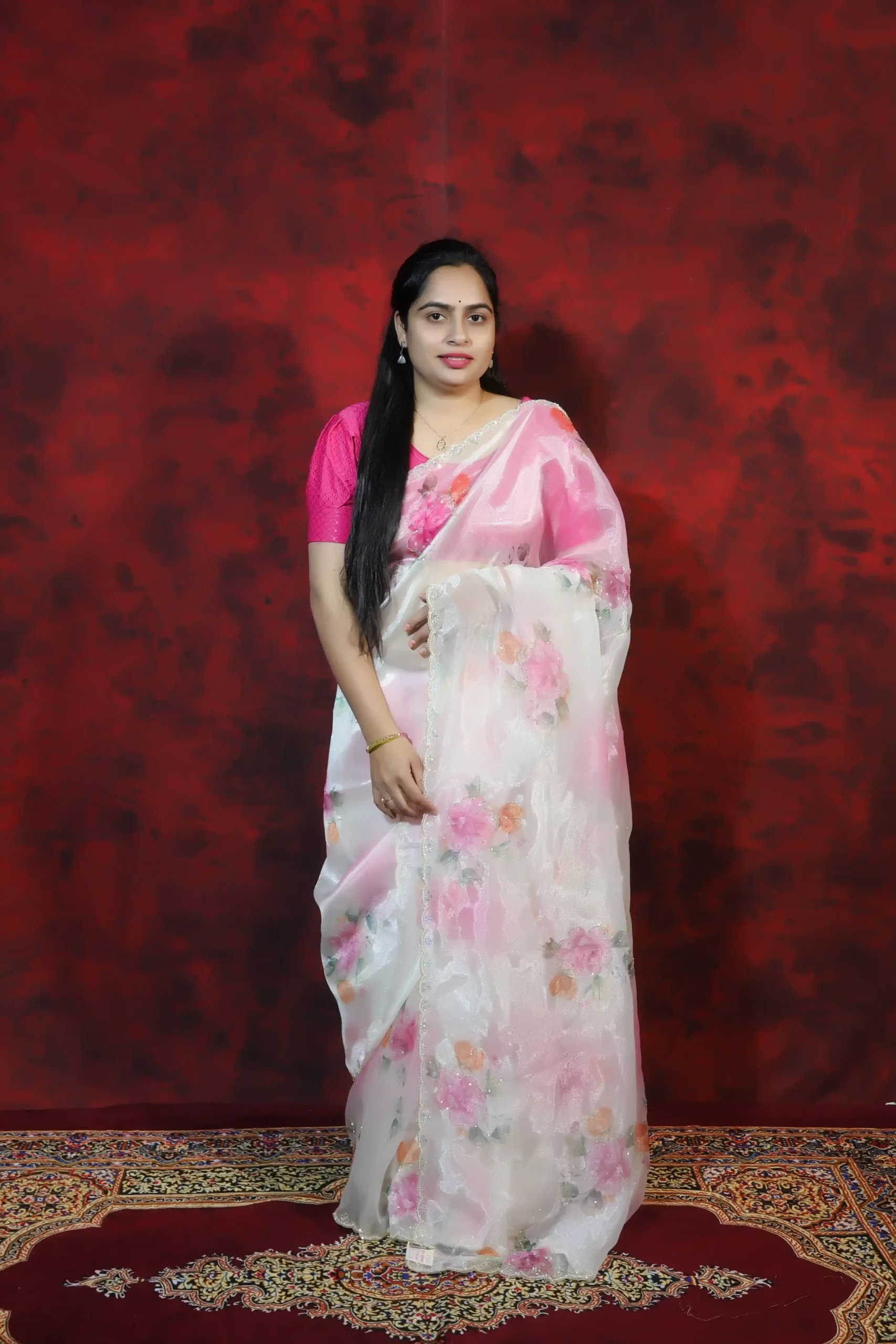 Pink Orange Flower Saree