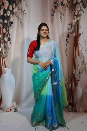 Sky Blue Green Chinnon Saree