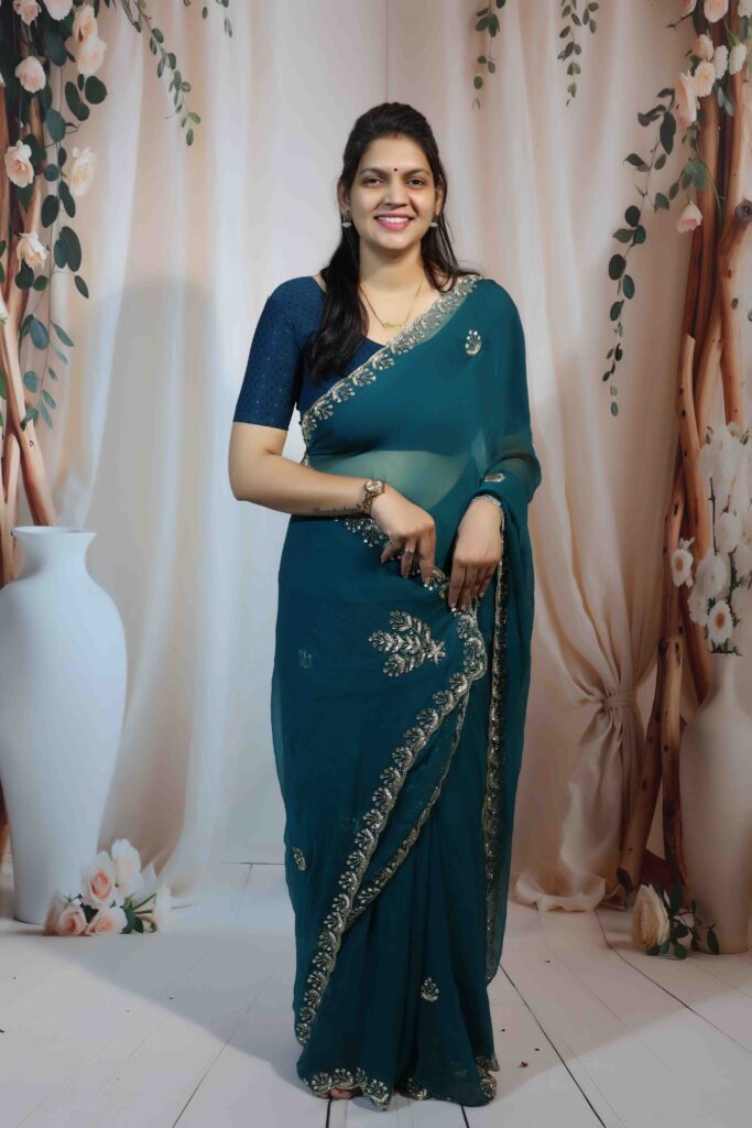 Teal Blue Fountain Fabric Saree