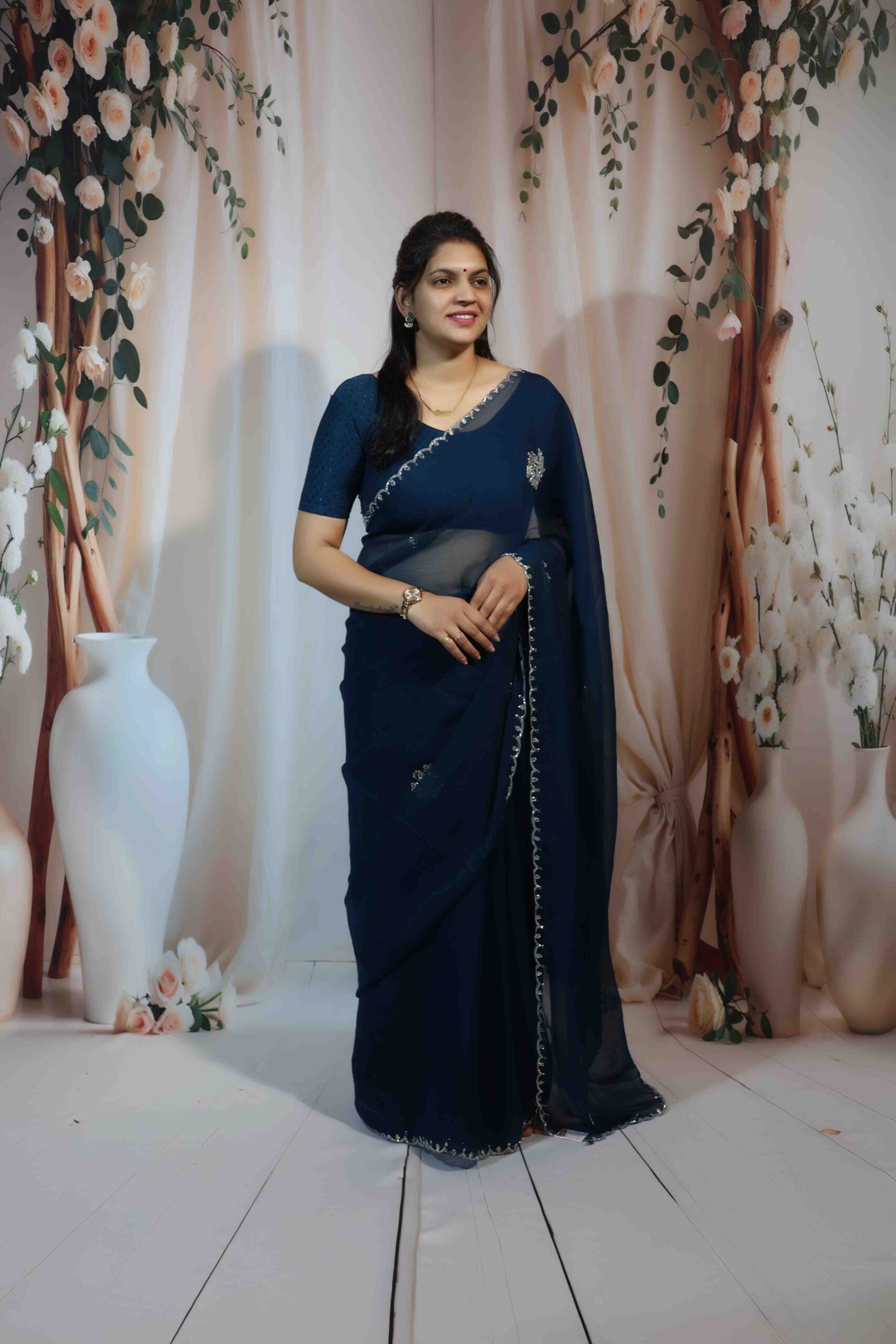 Blue Chinnon Saree